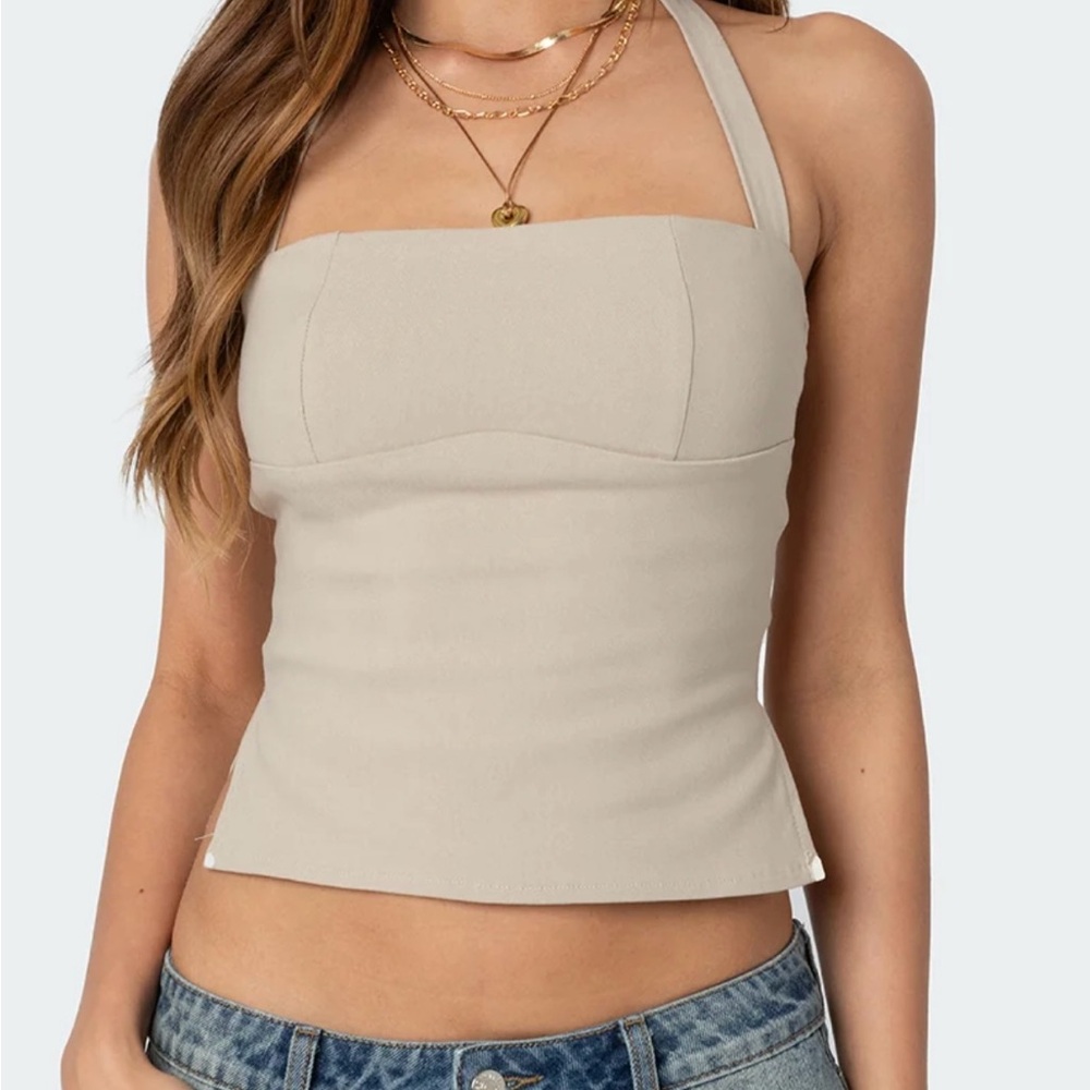 Edikted Cream Fitted Crop Tank Top